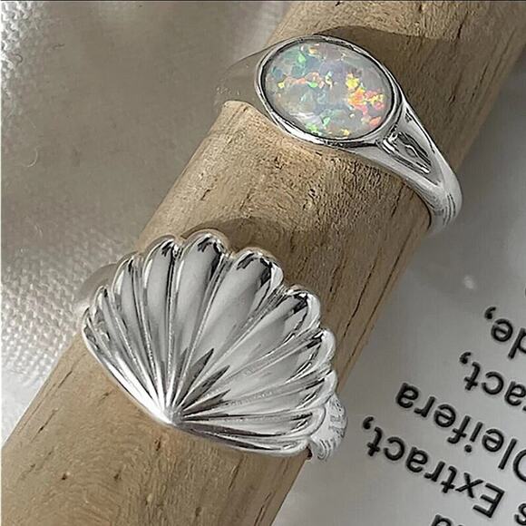 Sterling Silver Shell Opal Ring Set, Minimalist - Picture 2 of 6